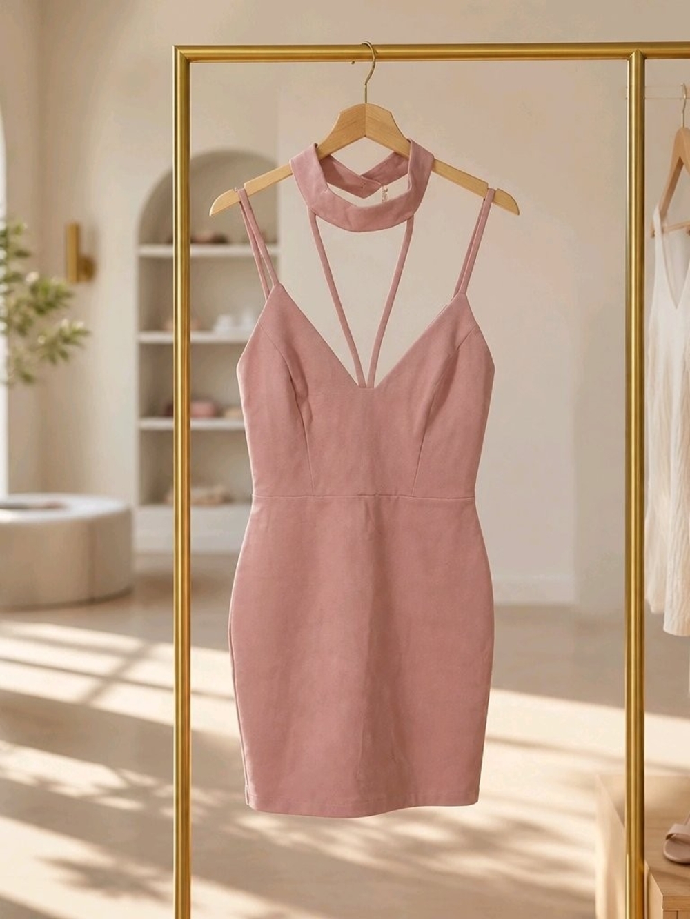 Solemio Blush Pink Strappy V-Neck Mini Dress with Choker